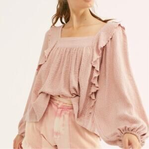 Free People Bonnie Ruffle Long Sleeve Square Neck Blouse Top Pink XS